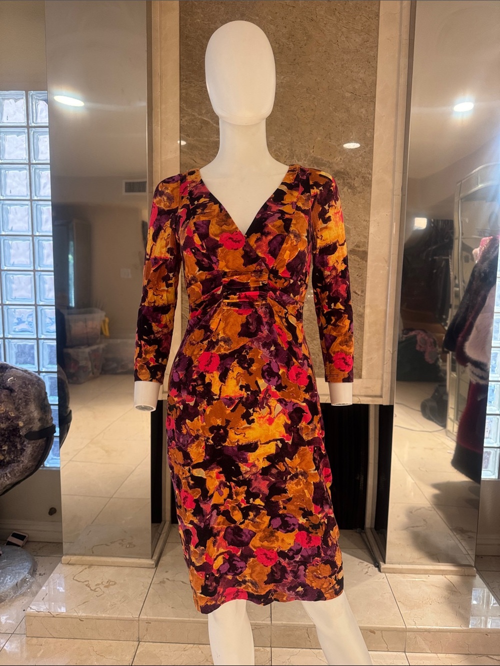 David Meister Stretch Jersey Ruched Floral Sheath Dress Purple Orange